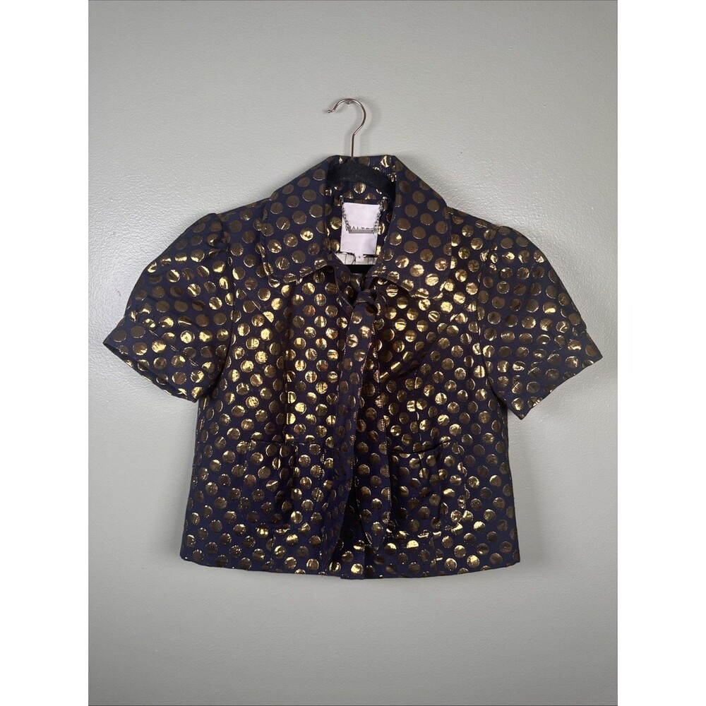 WALTER Cropped Button Tie Blazer Navy With Gold Metallic Polka Dots Women’s Sz 8